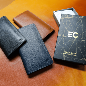 Eclat Cuir vegetable-tanned leather long wallet in black, tan and blue with 6 card slots, cash chamber and mobile pocket